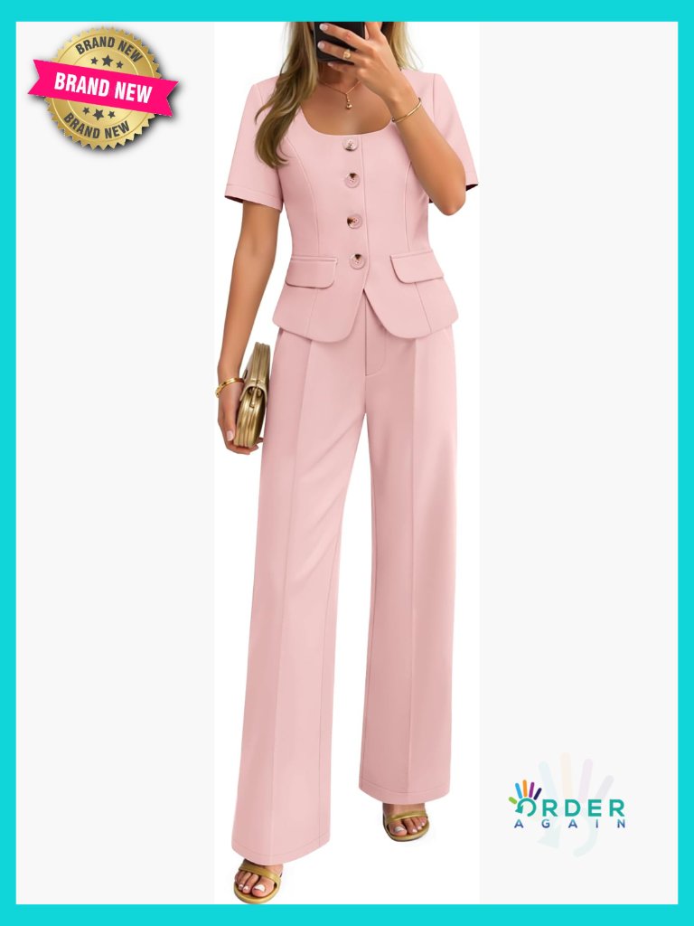 Womens Two Piece Suit Set Short Sleeve Blazer Wide Leg Pants Business Casual